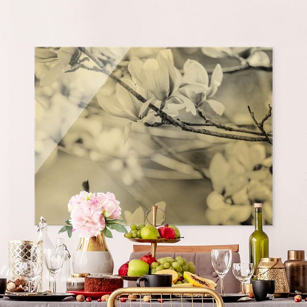 Quadro in vetro - Rami di magnolia in stile vintage II - Formato orizzontale