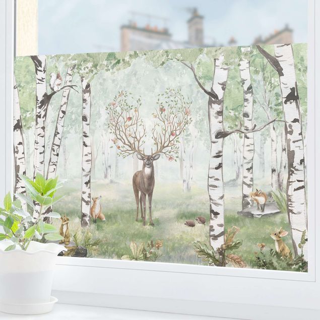 Pellicola per vetri per salone Maestoso cervo nella foresta di betulle