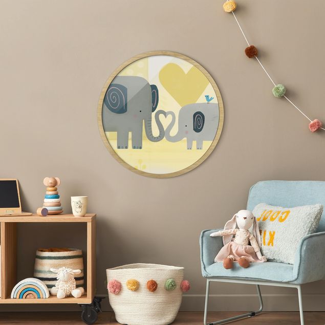 Poster con cornice rotonda Io e la mamma - Elefanti