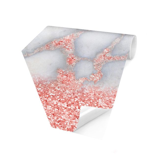 Fotomurale esagonale autoadesivo - Effetto marmo con coriandoli rosa