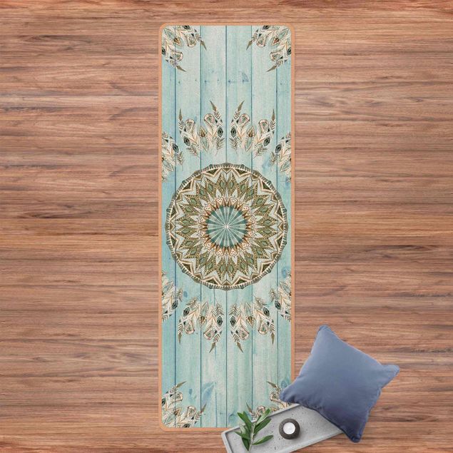 Tappeti moderni soggiorno Mandala acquerello piume blu verde tavole di legno