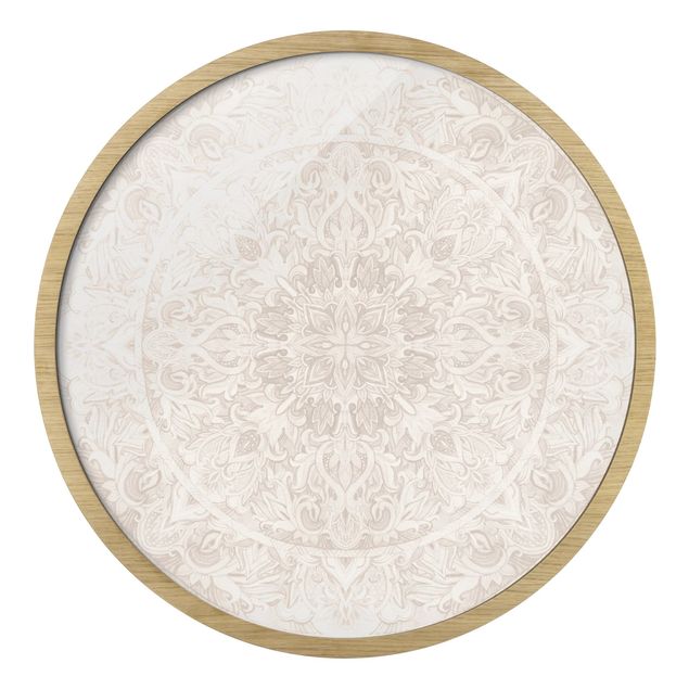 Quadro rotondo incorniciato - Ornamento mandala in acquerello beige