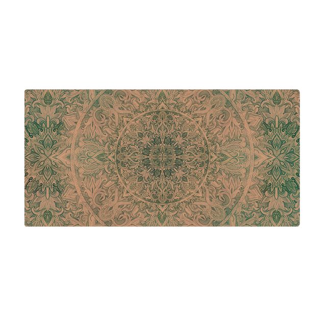 Tappetino di sughero - Ornamento mandala con trama in acquerello turchese - Formato orizzontale 2:1