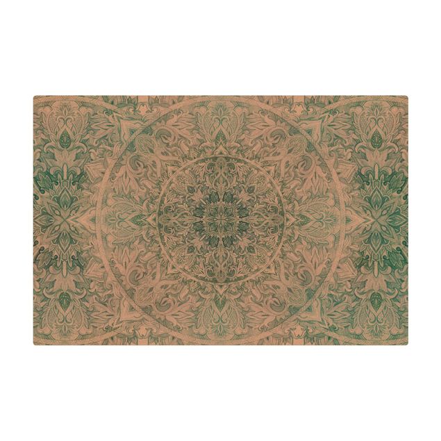 Tappetino di sughero - Ornamento mandala con trama in acquerello turchese - Formato orizzontale 3:2
