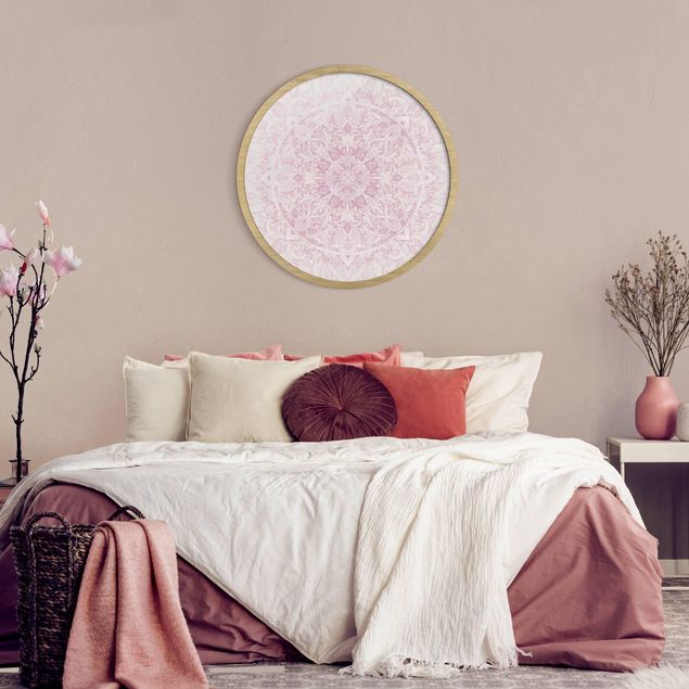 Quadro rotondo incorniciato - Ornamento mandala in acquerello rosa