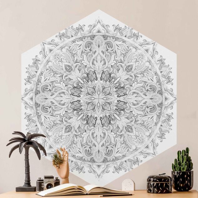 carta da parati effetto acquerello Mandala Acquerello Ornamento Bianco e Nero
