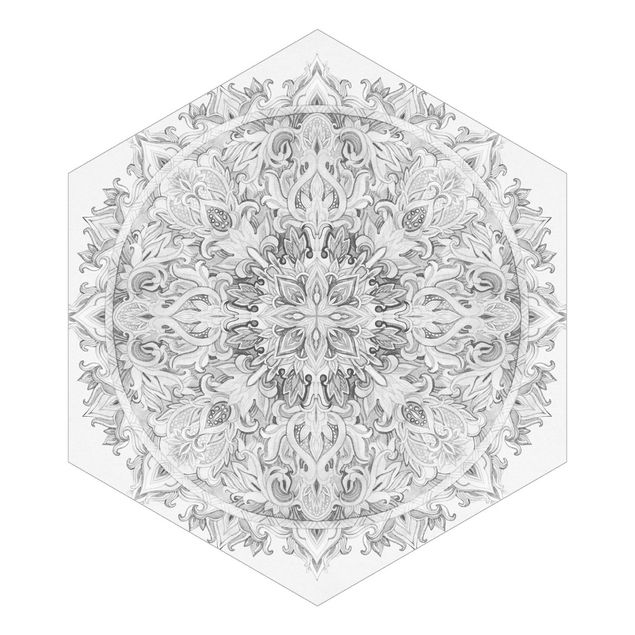 Carta da parati ornamentale soggiorno Mandala Acquerello Ornamento Bianco e Nero