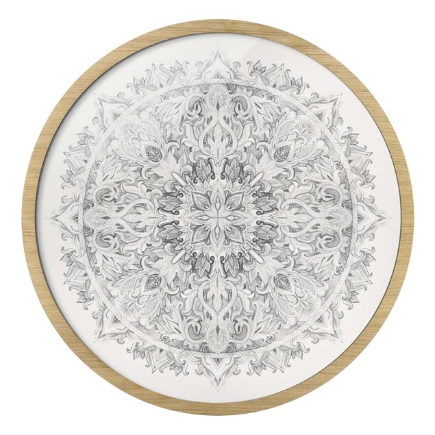 Quadro rotondo incorniciato - Ornamento mandala in acquerello bianco e nero