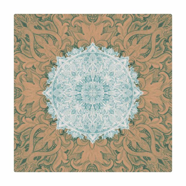 Tappetino di sughero - Ornamento mandala in acquerello turchese - Quadrato 1:1