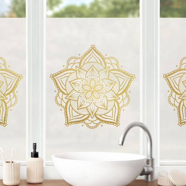 Pellicola per vetri per salone Illustrazione di fiore mandala in bianco e oro