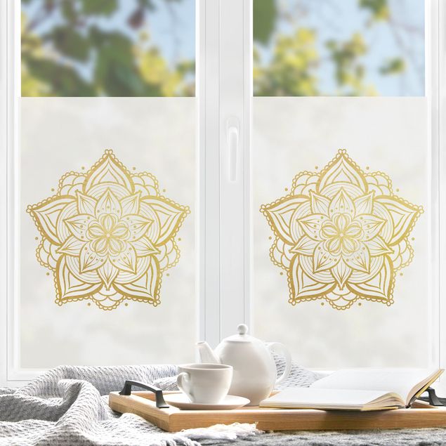 Pellicola per vetri colorata Illustrazione di fiore mandala in bianco e oro