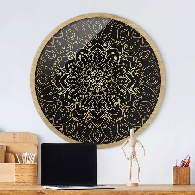 Poster con cornice rotonda Mandala a forma di fiore Oro Nero