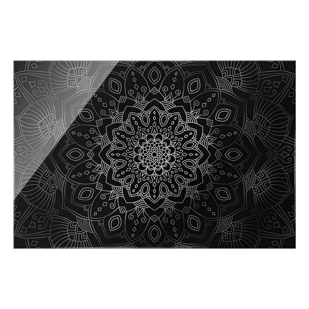 Quadro in vetro - Trama di fiori mandala argento e nero - Formato orizzontale
