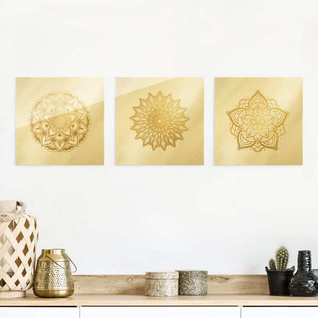 Lavagna magnetica vetro Mandala - Fiore Sole Illustrazione - Set Oro