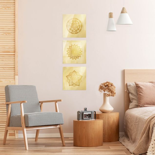 Quadro in vetro - Illustrazione di set mandala fiore e sole in oro - 3 parti