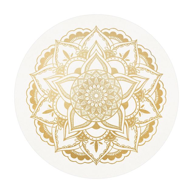Tappeto in vinile rotondo - Fiore mandala oro e bianco