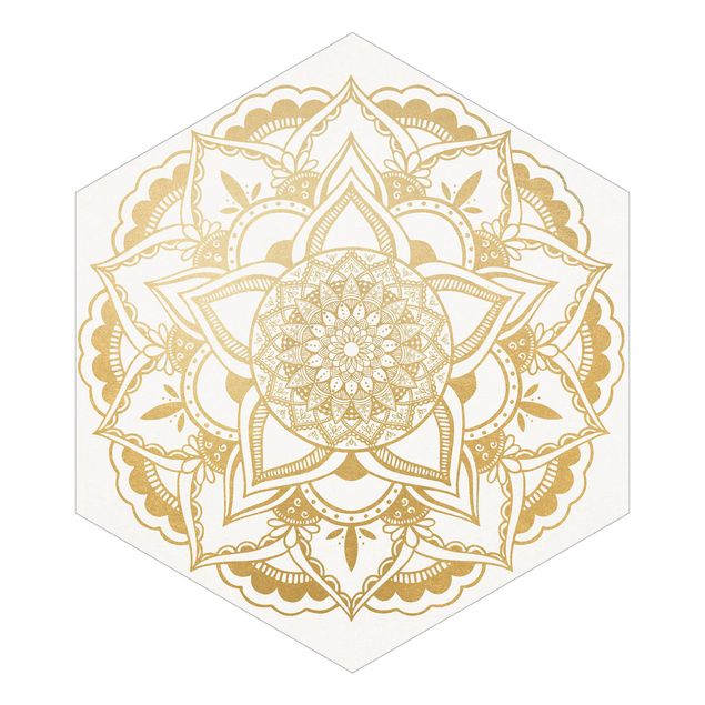 Carta da parati ornamentale soggiorno Mandala Fiore Oro Bianco