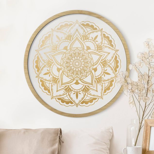 Poster con cornice rotonda Mandala Fiore Oro Bianco