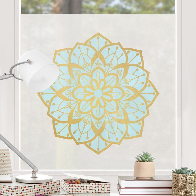 Pellicola per vetri con disegni Illustrazione di mandala con fiore celeste e oro