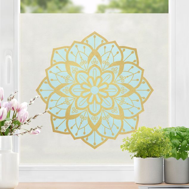 Pellicola per vetri per salone Illustrazione di mandala con fiore celeste e oro