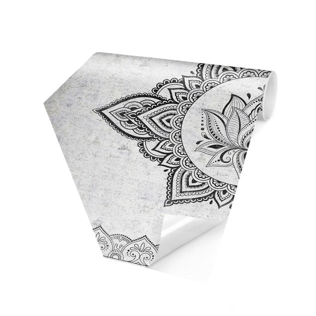 Fotomurale esagonale autoadesivo - Mandala con loto effetto cemento