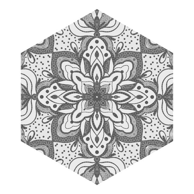 Carta da parati esagonale adesiva con disegni - Mandala con rombi e punti in grigio