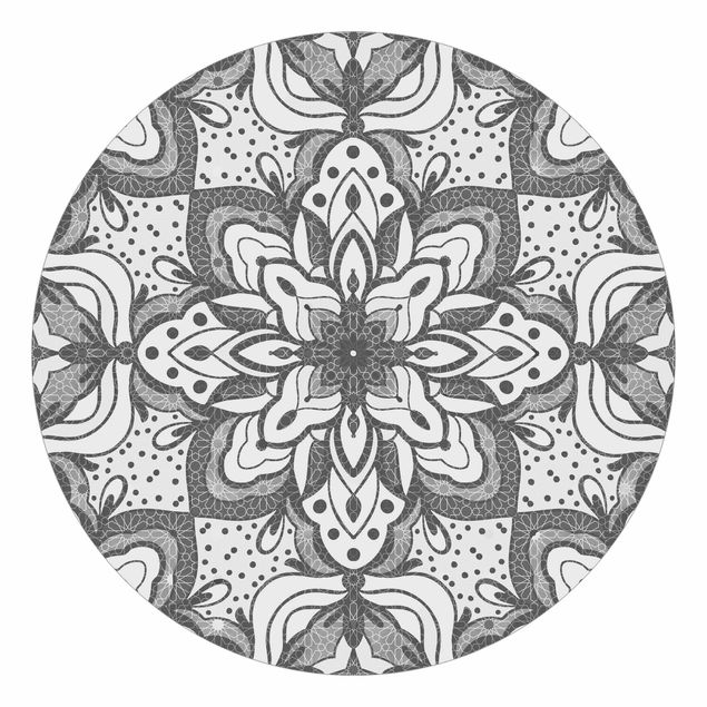 Carta da parati rotonda autoadesiva - Mandala con griglia e punti in grigio