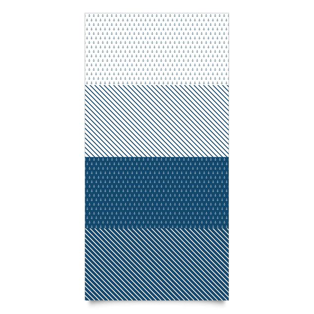 Carta Adesiva per Mobili - Set di righe e ancore marittime - bianco polare blu di prussia