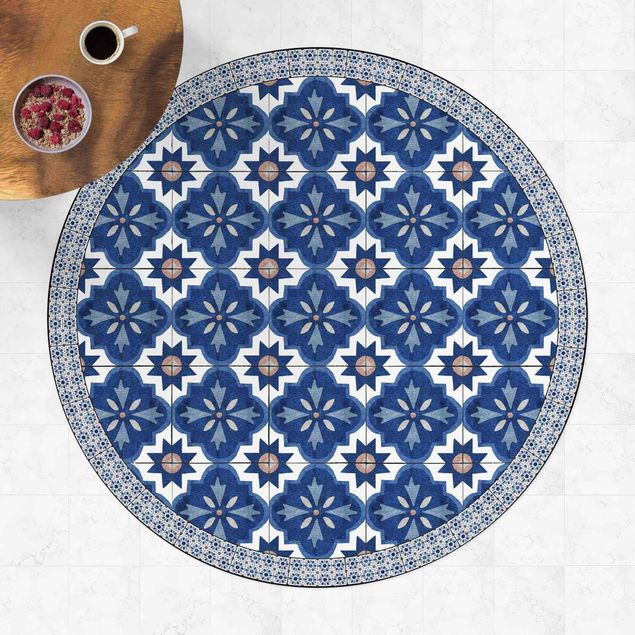 Tappeti da esterno Piastrelle marocchine acquerello blu con cornice di piastrelle