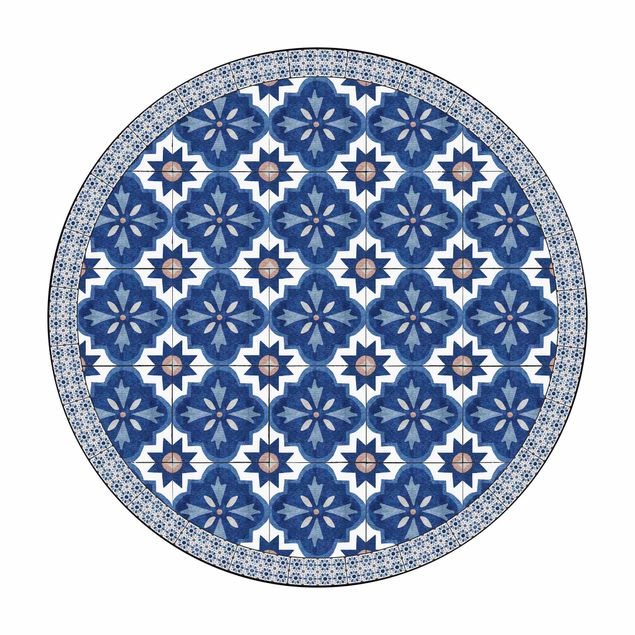 Tappeto in vinile rotondo - Piastrelle marocchine in acquerello blu con cornice di mattonelle