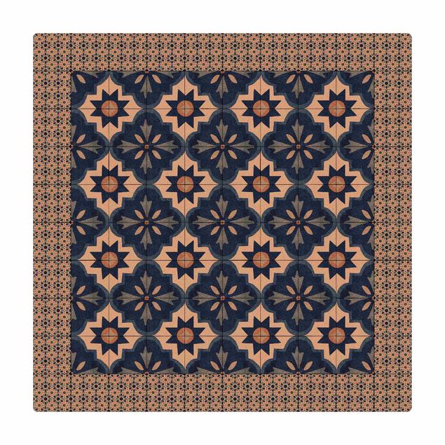Tappetino di sughero - Piastrelle marocchine in acquerello blu con cornice di mattonelle - Quadrato 1:1