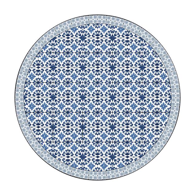 Tappeto in vinile rotondo - Piastrelle marocchine cianografia floreale con cornice di mattonelle