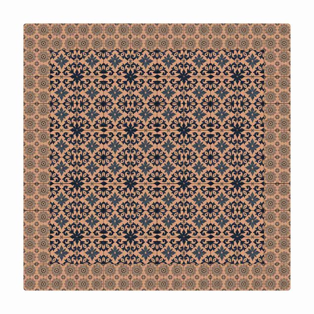 Tappetino di sughero - Piastrelle marocchine cianografia floreale con cornice di mattonelle - Quadrato 1:1