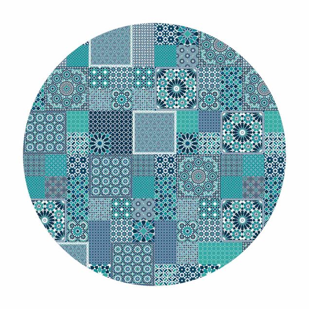 Tappeto in vinile rotondo - Mosaico di piastrelle marocchine in turchese e bianco