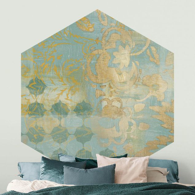 Carta da parati ornamentale camera da letto Collage marocchino in oro e turchese II