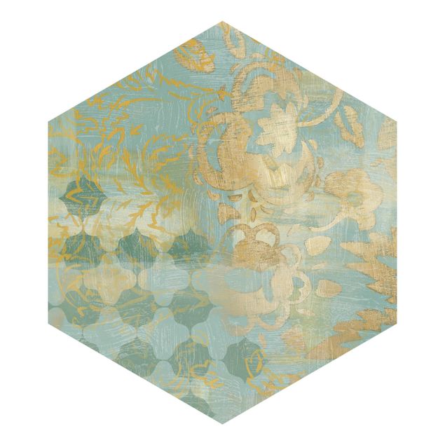 Carta da parati esagonale adesiva con disegni - Collage marocchino in oro e turchese II