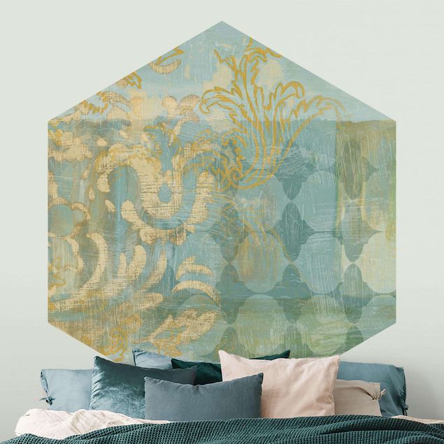 Carta da parati ornamentale camera da letto Collage marocchino in oro e turchese