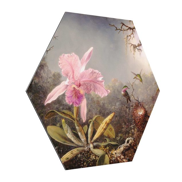 Esagono in Alluminio Dibond - Martin Johnson Heade - Orchidea e tre colibrì