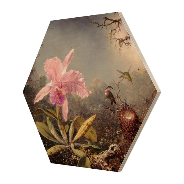 Esagono in legno - Martin Johnson Heade - Orchidea e tre colibrì