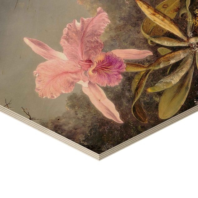 Esagono in legno - Martin Johnson Heade - Orchidea e tre colibrì