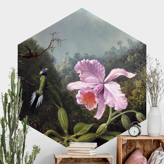 carta da parati effetto giungla Martin Johnson Heade - Natura morta con un'orchidea e una coppia di colibrì