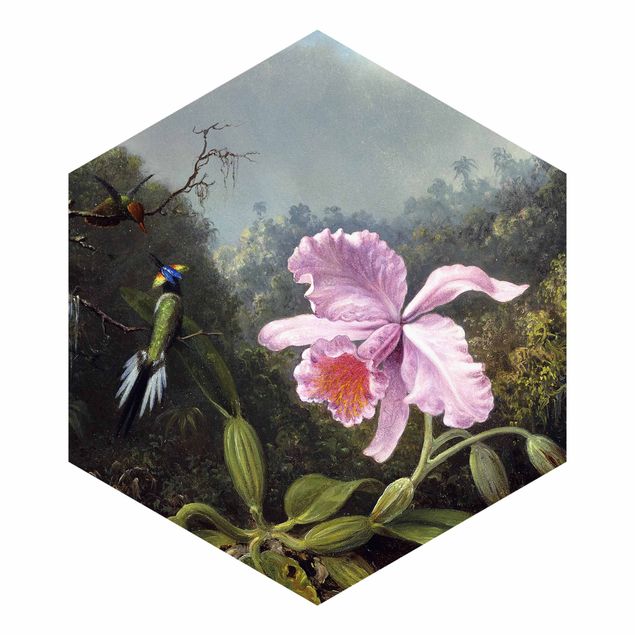 Carta da parati esagonale adesiva con disegni - Martin Johnson Heade - Natura morta con orchidea e coppia di colibrì