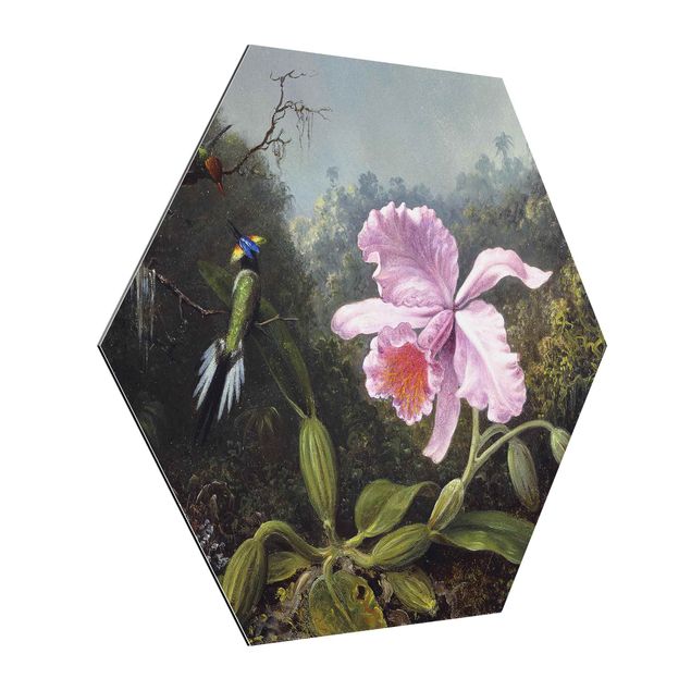 Esagono in Alluminio Dibond - Martin Johnson Heade - Natura morta con orchidea e coppia di colibrì
