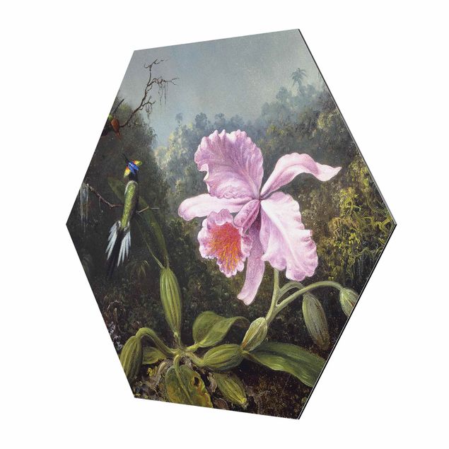 Esagono in Alluminio Dibond - Martin Johnson Heade - Natura morta con orchidea e coppia di colibrì