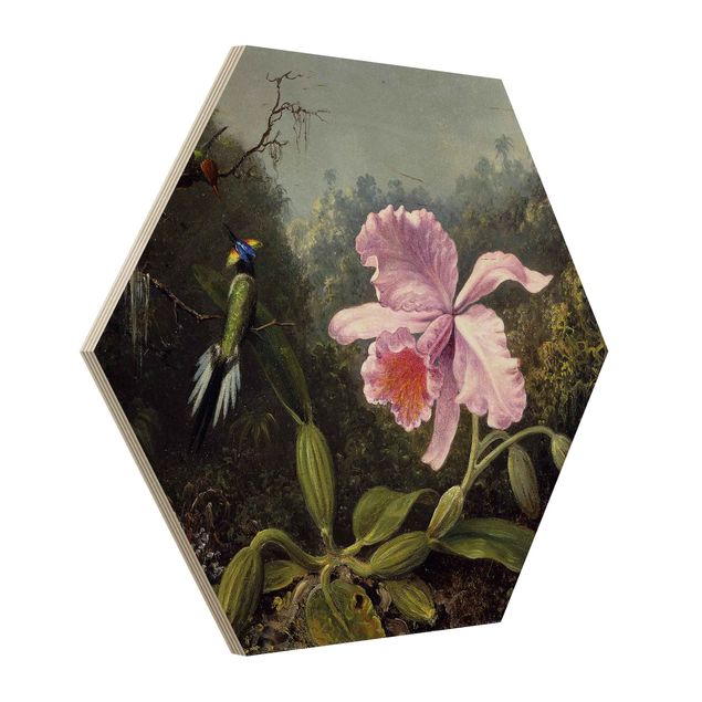 Esagono in legno - Martin Johnson Heade - Natura morta con orchidea e coppia di colibrì