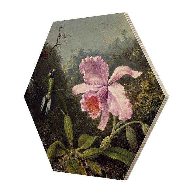 Esagono in legno - Martin Johnson Heade - Natura morta con orchidea e coppia di colibrì