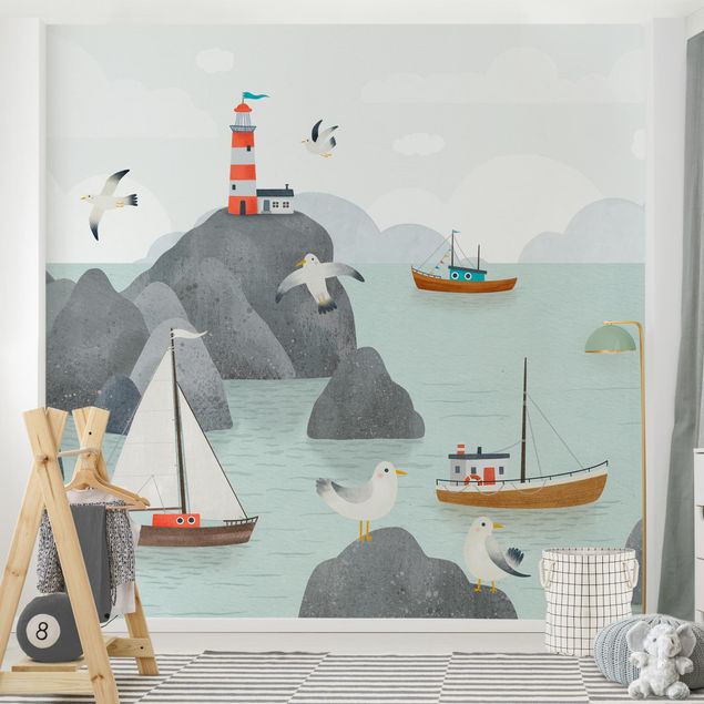 carta da parati effetto acquerello Mare con rocce, barche e gabbiani