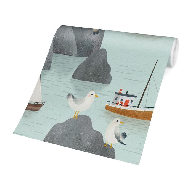 Carta da parati - Mare con rocce, barche e gabbiani