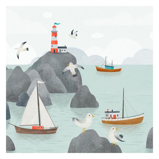 Carta da parati - Mare con rocce, barche e gabbiani