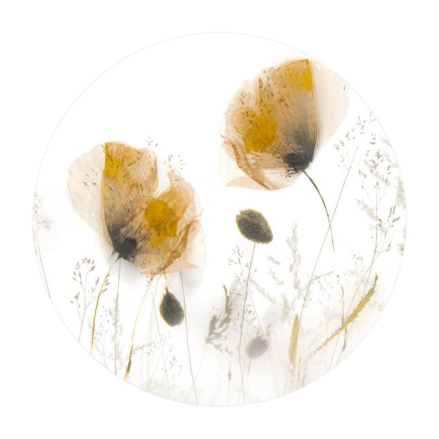 Tappeto in vinile rotondo - Papaveri e erbe delicate nella morbida nebbia